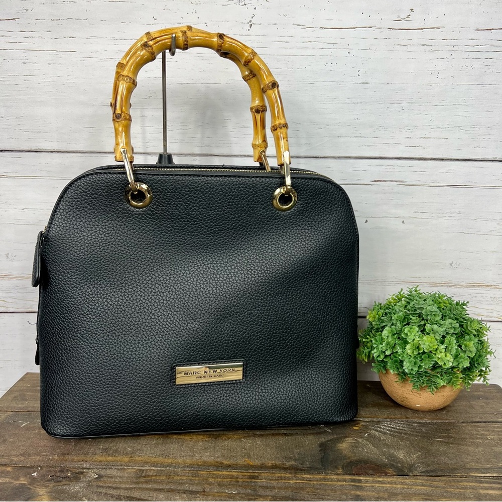 ANDREW MARC NEW YORK Designer Black Leather Handbag with Strap/Bamboo Handles